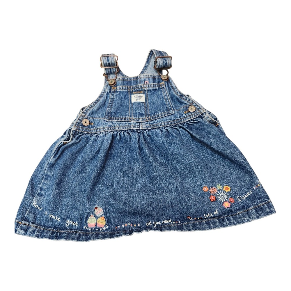 Vintage OshKosh B'gosh Denim Jumper Dress 12M Vestbak Floral Embroidered EUC
